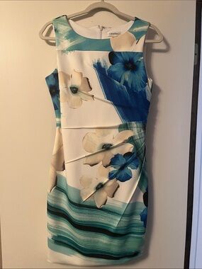 Calvin Klein White, Teal and Blue Floral Midi Sheath Dress